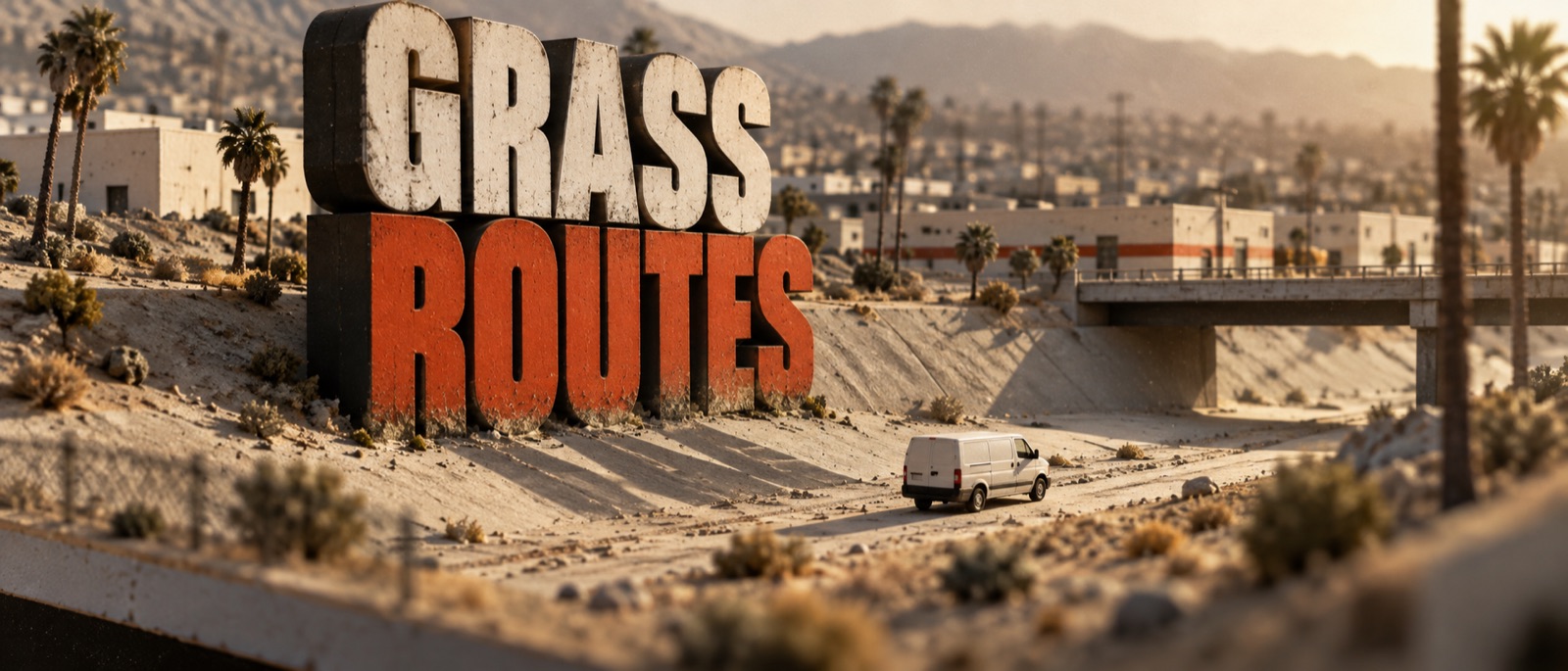 GRASS ROUTES spelled out as a weathered monument in a dry wash, a white delivery van driving past